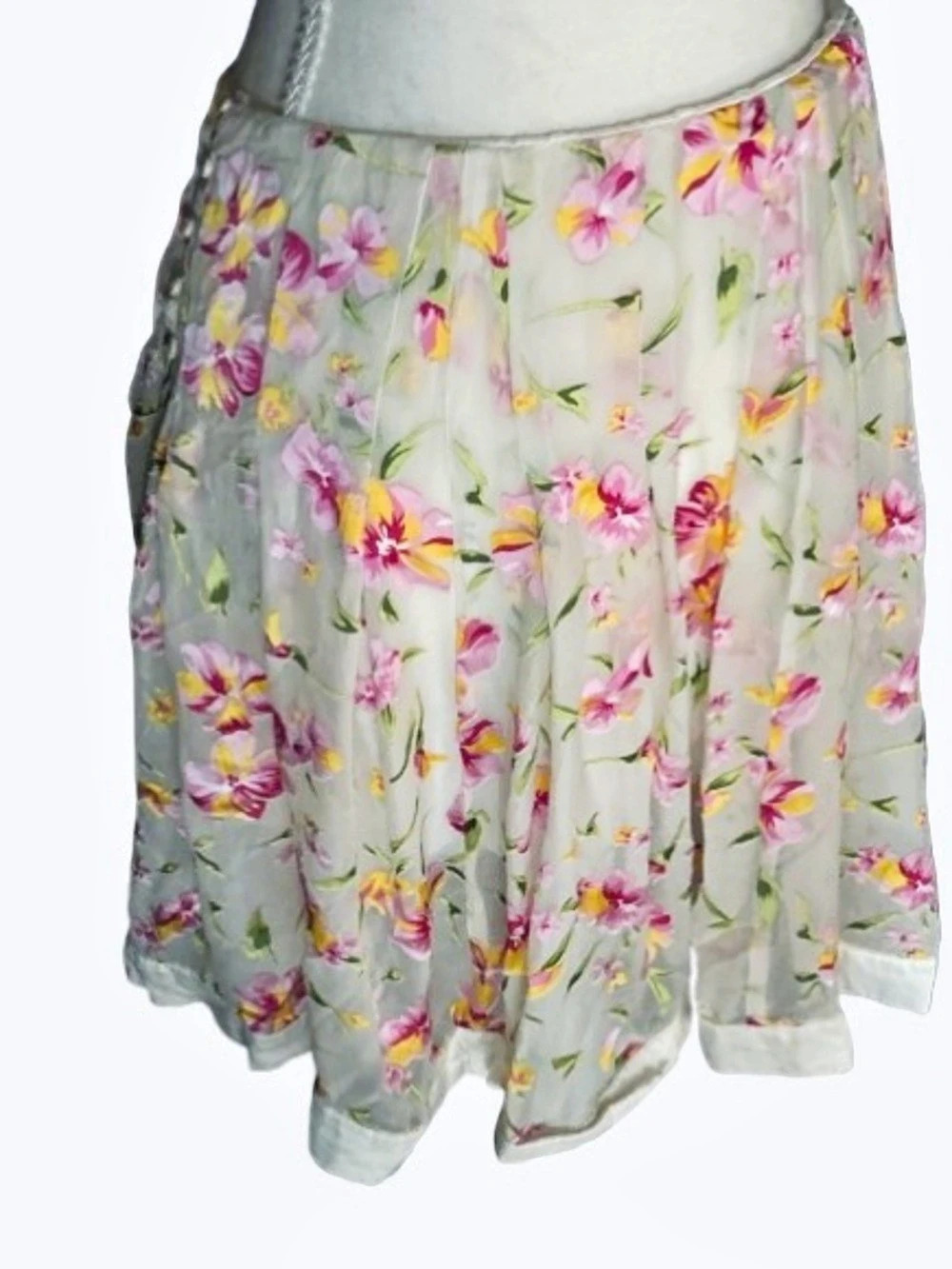 Mini Skirt TONE BARKER SILK Floral Designer Sheer Illusion Small Boho tea Garden